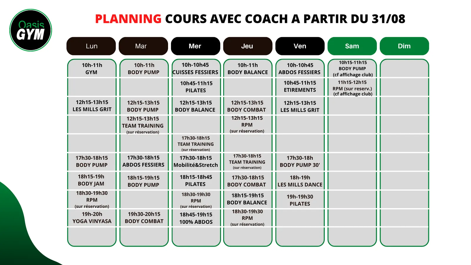 Planning des cours avec coachs – Oasis Gym Bourg-en-Bresse